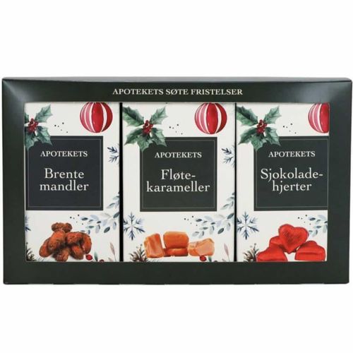 Apotekets Søte Fristelser Fløtekarameller, Sjokoladehjerter, Brente Mandler 3x100 g