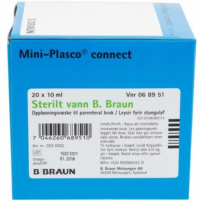 Hovedbilde Sterilt Vann Parenteral Bruk Ampuller 20x10 ml