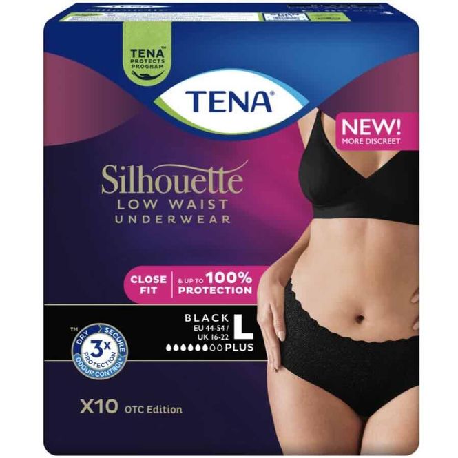 Hovedbilde Tena Silhouette Pants Plus Low Waist Buksebleie Sort L 12 stk 