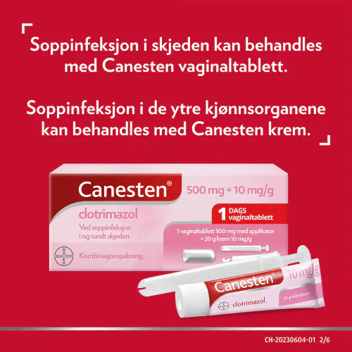 Canesten 500 mg Vaginaltablett + 10 mg/g Krem 1 stk + 20 g